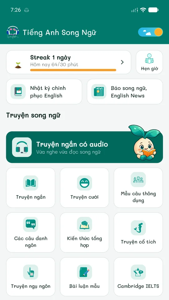 Màn hình Home của ứng dụng: streak, truyện song ngữ có audio và các chủ đề